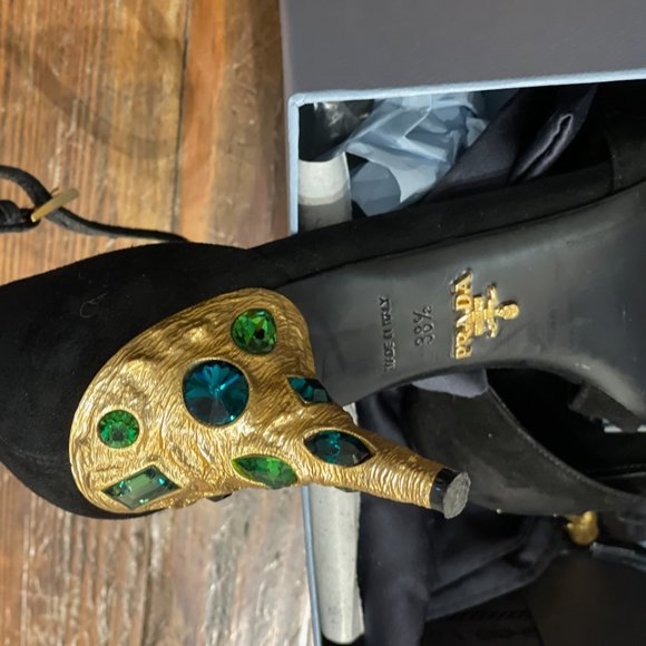 PRADA Black Suede Ankle Strap Sandals Metal Sculptural Gold Heel with Emeralds - Picture 5 of 16